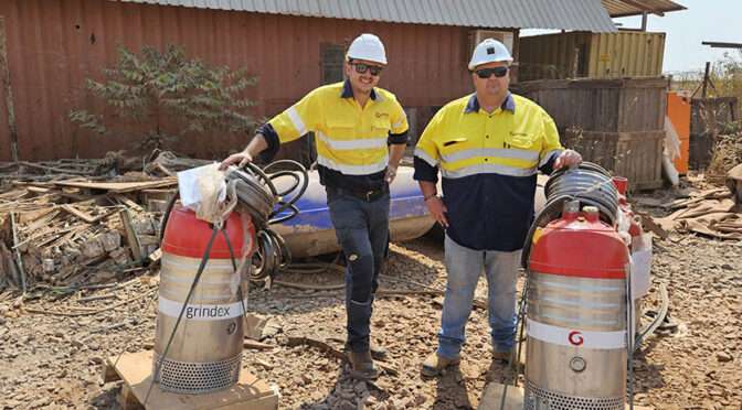 Jordan Marsh, managing director at Integrated Pump Technology, and Alfred Kelsey, sales manager at Integrated Pump Technology, on site with Grindex Maxi 37 kW dewatering pumps.